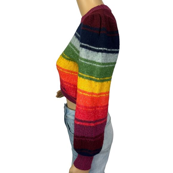 Zara Rainbow Cropped Sweater Puff Long Sleeve Striped Wool Blend Pullover Size S - Picture 9 of 14